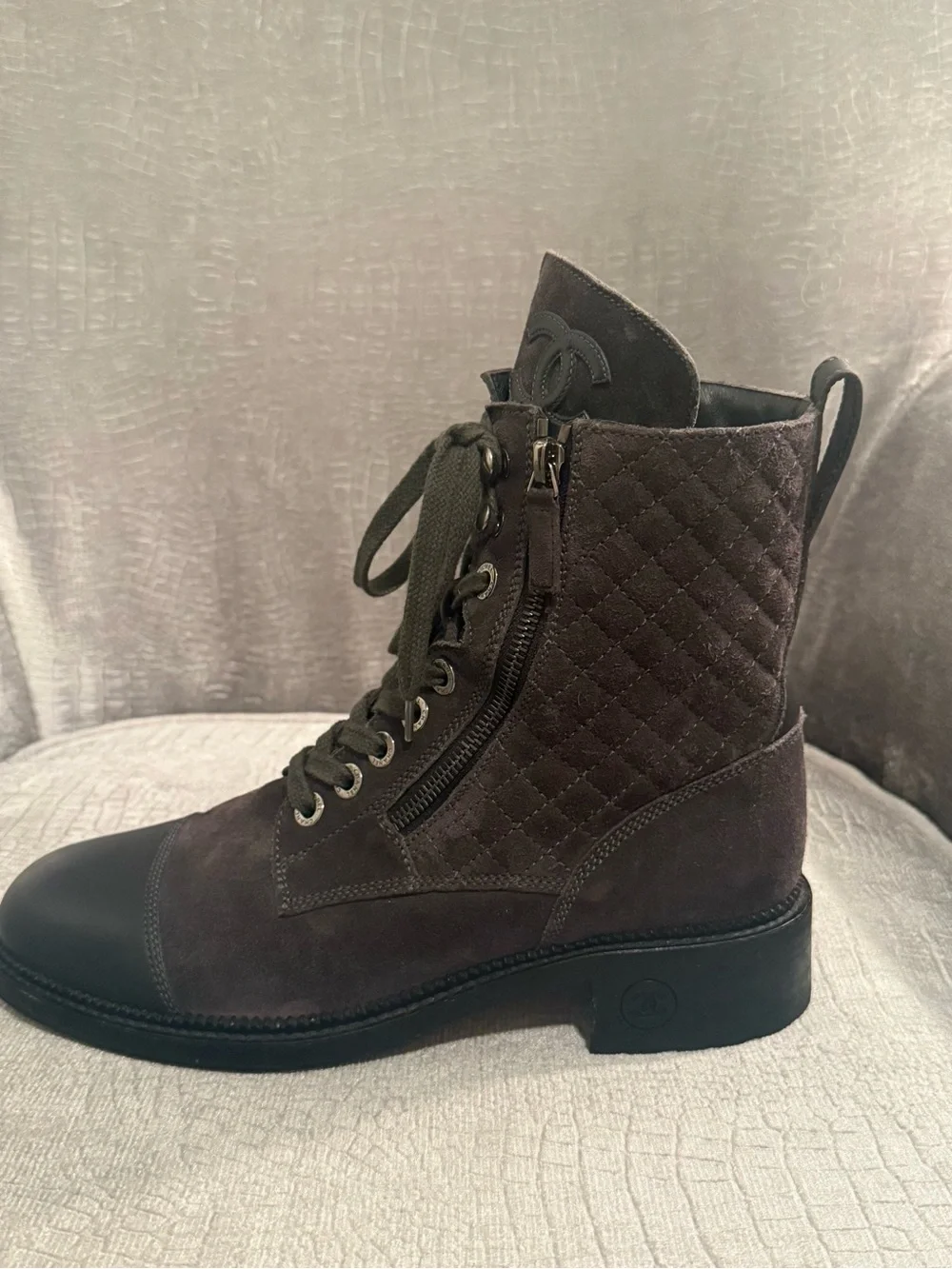 CHANEL G33769 Dark Gray Quilted Suede CC Combat Boots 41.5